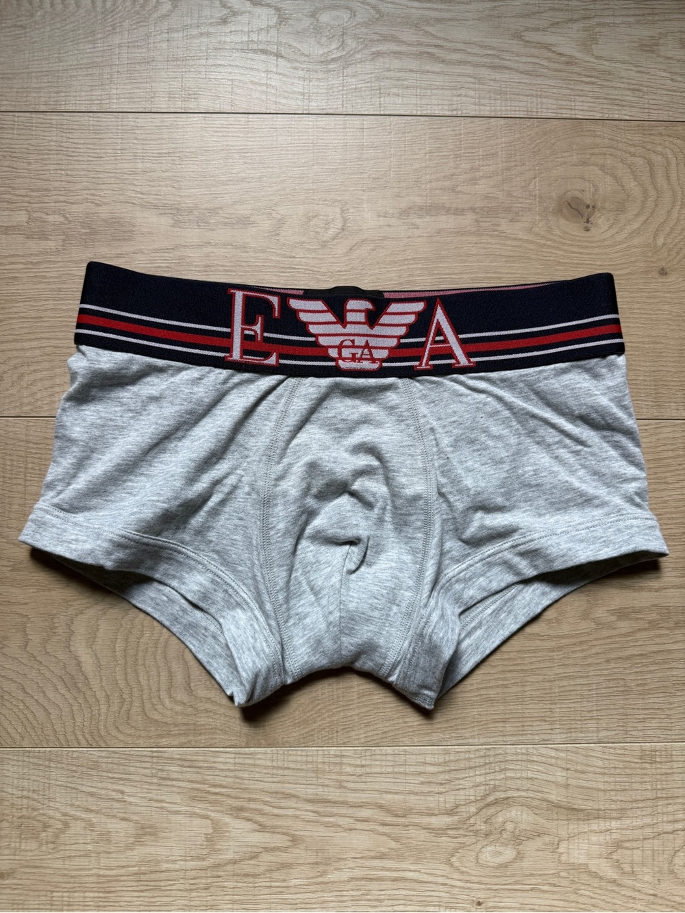 Vintage Emporio Armani Grey Trunk Underwear with Wide Navy & Red Waistband NWOT